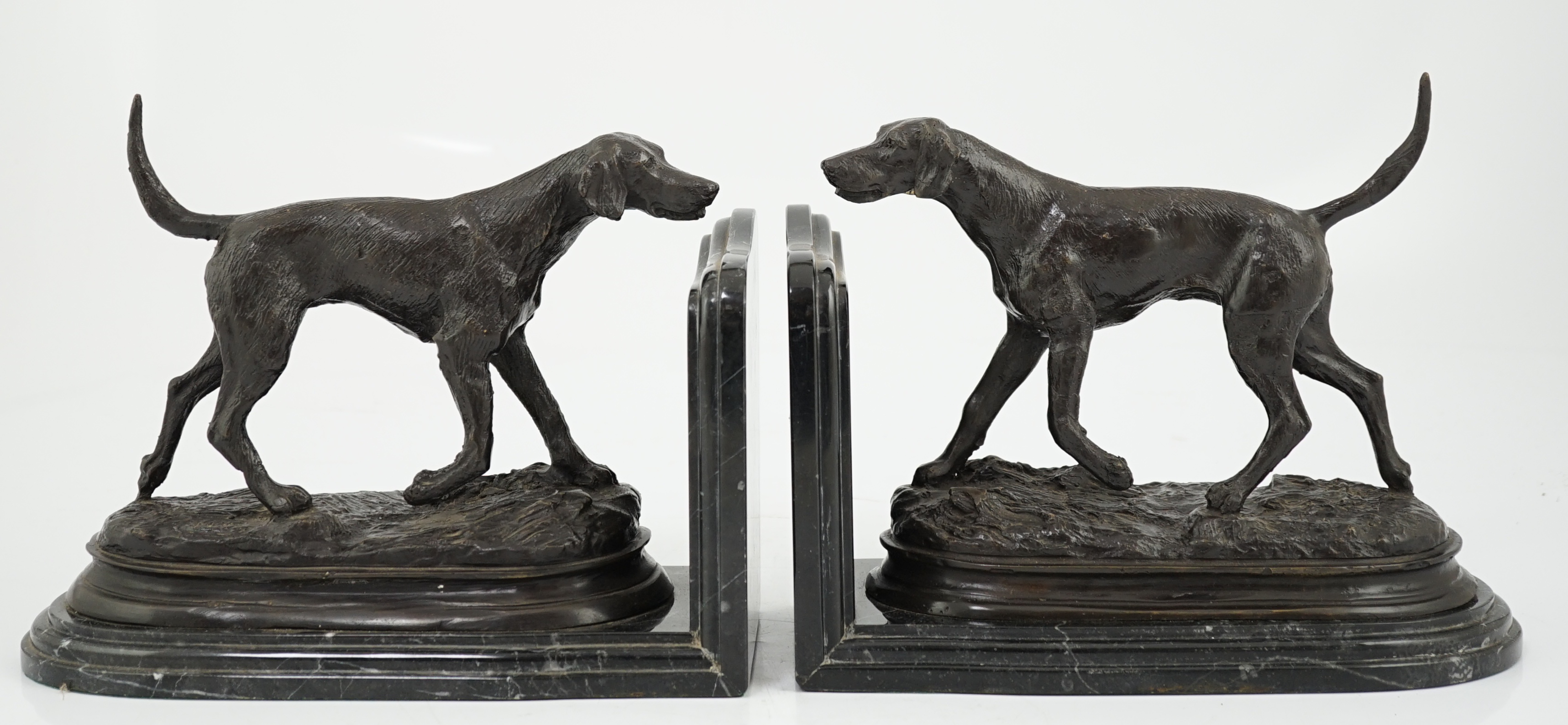 After Pierre-Jules Mêne (1810-1879), a pair of bronze models of hunting hounds